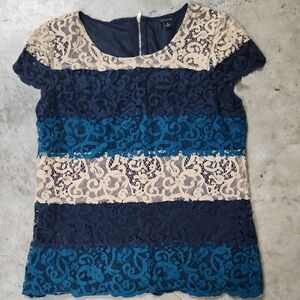 Ann Taylor Striped Lace Blouse - Navy, Cream, Teal